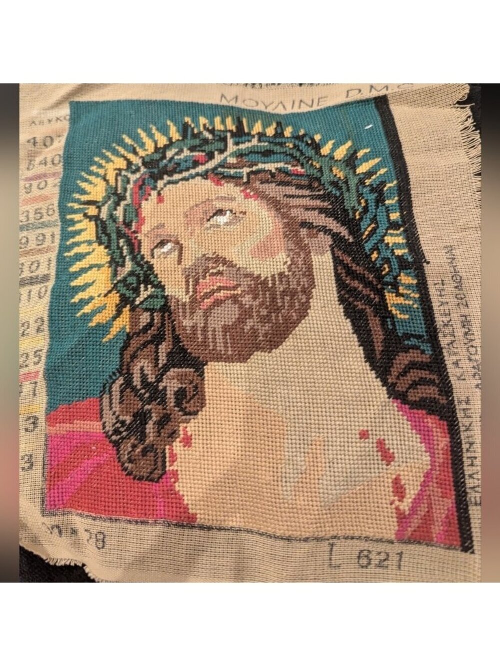 Vintage needlepoint Suffering of Christ Tapestry Early 1900s DMC France